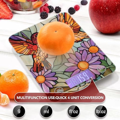 Brown Hummingbirds Purple Daisy Stained Glass Food Scale Kitchen Digital Scale Food Ounces and Grams Dieting Baking Cooking Waterproof Glass Panels LCD Display,4 Units Tare Function - color: brown humming birds purple daisy stained glass