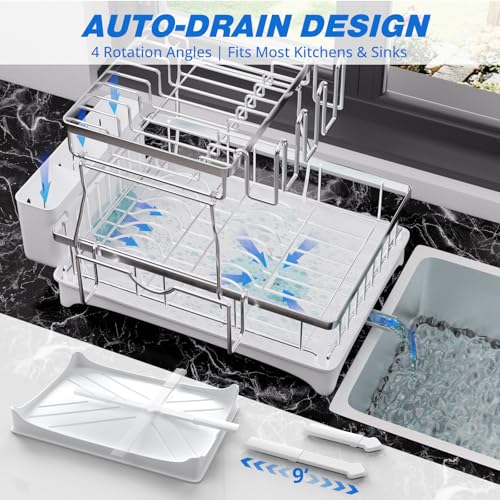 Godboat 2-Tier Dish Drying Rack - 304 Stainless Steel Dish Rack Auto Drain | Dish Racks for Kitchen Counter, Dish Drainer with Knife Fork & Cup Rack, Gifts for Women, Mothers Day, Kitchen Gadget, Silver - size: X-Large (2-Tier/Silver)