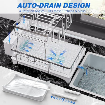 Godboat 2-Tier Dish Drying Rack - 304 Stainless Steel Dish Rack Auto Drain | Dish Racks for Kitchen Counter, Dish Drainer with Knife Fork & Cup Rack, Gifts for Women, Mothers Day, Kitchen Gadget, Silver - size: X-Large (2-Tier/Silver)
