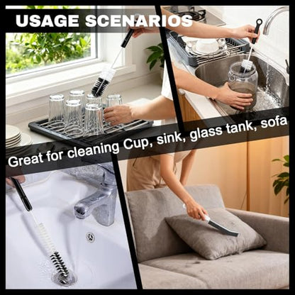 Bottle Cleaning Brush Set - Long-Handled Flexible Brush Head, with Bottle Neck Thread Gap Brush, for Cleaning Narrow Neck Water, Beer, Wine, Baby Bottles, Pipes, Tubes, Hoses, and Flasks