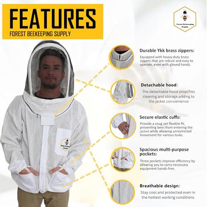 Ventilated Bee Jacket for Men and Women with Gloves and Detachable Fencing Veil, 3-Layer Beekeeping Jacket, YKK Brass Zippers (Medium) - size: MEDIUM