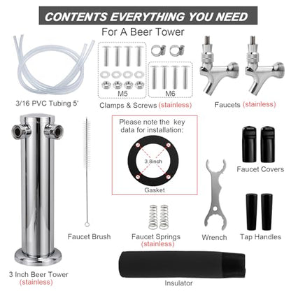 All Stainless Steel Kegerator Tower Dual Faucet Beer Tower Double Tap Beer Tower Dispenser Beer Tap Kegerator Parts Stainless Steel Tower Faucet Preassembled Tubing 3" Keg Tower Beer Keg Faucet (SS) - size: Dual Tap-Stainless Steel Faucet