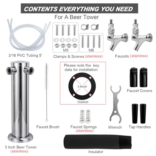All Stainless Steel Kegerator Tower Dual Faucet Beer Tower Double Tap Beer Tower Dispenser Beer Tap Kegerator Parts Stainless Steel Tower Faucet Preassembled Tubing 3" Keg Tower Beer Keg Faucet (SS) - size: Dual Tap-Stainless Steel Faucet
