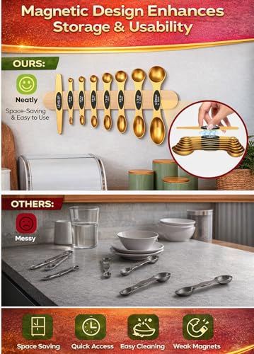 Magnetic Measuring Spoons Set with Strong N45 Magnets, Heavy Duty Stainless Steel Metal, Fits in Most Kitchen Spice Jars for Baking & Cooking, BPA Free, Multicolor, Set of 8 with Leveler(Gold) - color: Gold