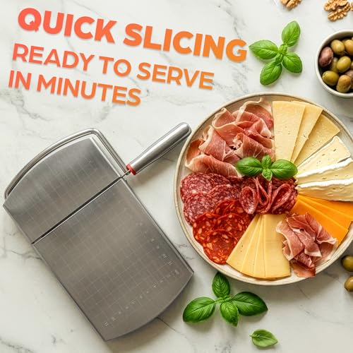 Stainless Steel Cheese Slicer for Block Cheese with Blade & Locking Design - Multipurpose Manual Cheese Cutter Board 9.92 x 8.27 x 1.18 in for Slicing Butter, Vegetables, Fruits, Snacks & Deli Foods