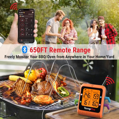 TempPro 650 ft Bluetooth Meat Thermometer with 4 Color-Coded Probes, Wireless Meat Thermometer Digital Wireless with Timer, Commercial Cooking Tools & Utensils Rechargeable for Smoker Oven - style: 4 Probes