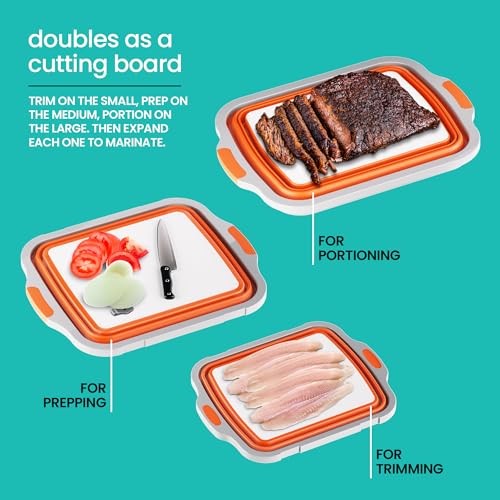 Modern Innovations Collapsible BBQ Prep Tubs, 3 Pack, Orange, Locking Lids | BBQ Marinating Tubs, Cutting Board Lids, Drain Spouts, Small Medium Large, Collapsible, Camping, Tailgating - color: Orange