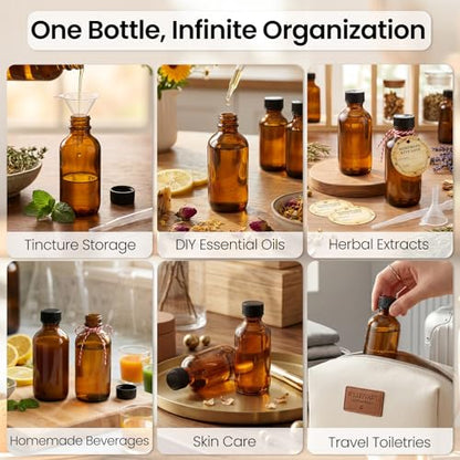 TBWIND 54 Pack 2oz Amber Glass Boston Round Bottles with Airtight Caps | Travel Size Bottles for Essential Oils, Perfume, Vanilla Extract, Tinctures & DIY Sample with Droppers, Labels & Funnels - size: 2oz
