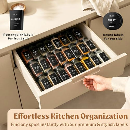 EDELHAUS Glass Spice Jars with Label and Black Aluminium Lids (24 x 4oz) Spice Containers with 240 Labels, Shaker Inserts, Steel Funnel, Empty Square Seasoning Organizer (Black Aluminium Lid) - color: Black Aluminum Lid