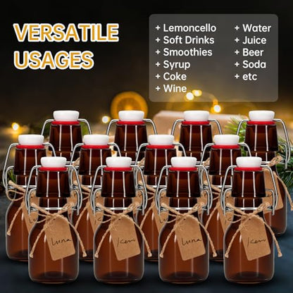 12Pcs 2 oz Amber Mini Swing Top Glass Bottles with Stoppers Small Flip Top Bottles with Airtight Lids for Crafts Decoration Wedding Themed Party Favors (12)