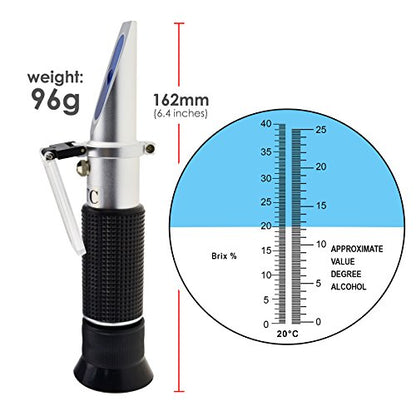 Alcohol Refractometer for Spirit Alcohol Volume Percent with Automatic Temperature Compensation (ATC) Dual Scale Brix 0-40% 0-25% VOL in Wine Making and Beer Brewing, Homebrew Kit