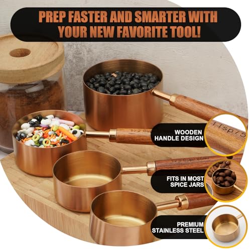 SHIKORI Gold Measuring Cups and Spoons Set with Wood Handles, Premium Stainless Steel Measuring Spoons and Measuring Cups Set, For Cooking and Baking in the Kitchen (Bronze) - color: Bronze