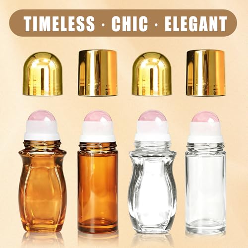 4 Pack Rose Quartz Roller Bottles for Essential Oils, 50ml Refillable Amber Glass Roll On Bottles with Natural Crystal Roller Balls, Leak-Proof Travel Perfume Bottle with Gold Caps - size: 4 Pack