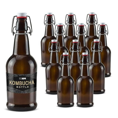 Ilyapa 16 Ounce Amber Swing Top Glass Bottles - 12 Pack Flip Top with Airtight Lid, for Home Brewing - Kombucha, Soda, Coquito, Kefir, Juice - color: Amber, size: 16oz