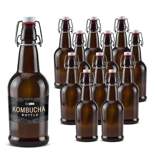 Ilyapa 16 Ounce Amber Swing Top Glass Bottles - 12 Pack Flip Top with Airtight Lid, for Home Brewing - Kombucha, Soda, Coquito, Kefir, Juice - color: Amber, size: 16oz