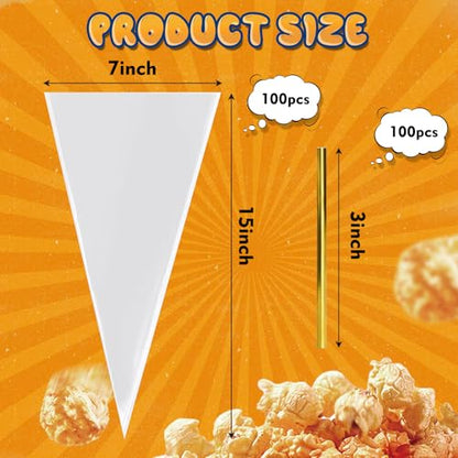 CdbC Cone Shaped Cellophane Treat Bags, 100 Pcs 7x15 inches, Clear, Disposable, Formed/Sealed, Plastic, Twist Tie, Perfect for Party Treats, Candy, Popcorn, Snack Wraps