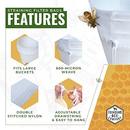 2 Pack Reusable and Washable 20"x18" Filter with Adjustable Drawstring for Straining and Filtering Honey, Wax, Beer, Nut Milk and More Through Nylon 600 Micron Mesh in a 5 Gallon Bucket