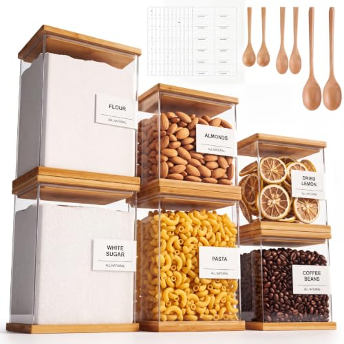 6 Pack Acrylic Pantry Storage Containers with Bamboo Lid Airtight Food Cereal Containers Storage 100oz, 54oz, 27oz with 144 Pantry Labels and Spoon for Flour Sugar, Cereal, Spice - size: 100oz,54oz,27oz