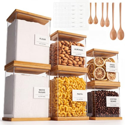 6 Pack Acrylic Pantry Storage Containers with Bamboo Lid Airtight Food Cereal Containers Storage 100oz, 54oz, 27oz with 144 Pantry Labels and Spoon for Flour Sugar, Cereal, Spice - size: 100oz,54oz,27oz