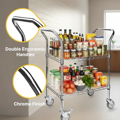 Northsky 2-Shelf Wire Utility Cart on Wheels, Chrome Finish Rolling Metal Shelving with Wheels, 550lb Capacity, 24" x 18" x 38", 2 Tier Rolling Cart for Kitchen Bar Storage Use - size: 24" x 18" x 38"