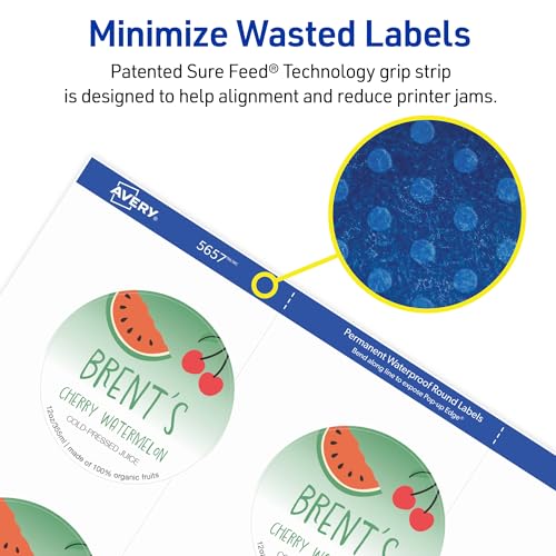 Avery Durable Waterproof Labels, Sure Feed Technology, 2" Diameter, Matte White, Laser/Pigment-Inkjet Printable, 96 Blank Labels, Great for Food Containers, Product Merchandising, and More (5657)