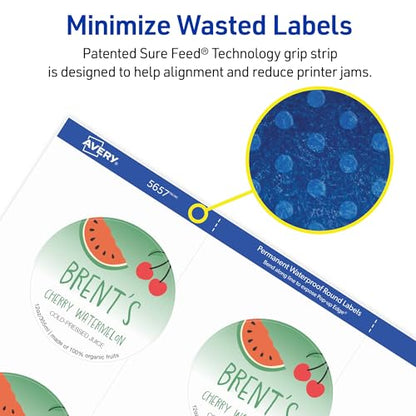 Avery Durable Waterproof Labels, Sure Feed Technology, 2" Diameter, Matte White, Laser/Pigment-Inkjet Printable, 96 Blank Labels, Great for Food Containers, Product Merchandising, and More (5657)