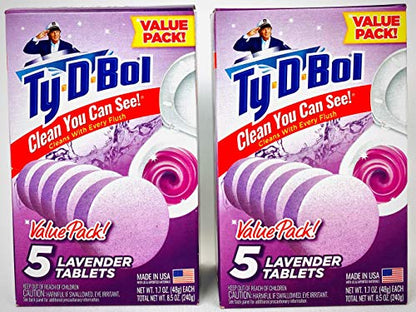 Ty D Bol Toilet Cleaning Tablets with Continuous Clean With Lavender color to deodorize your Toilets for a Fresh Smelling Bathroom 10 tabs (2-5 count packs)