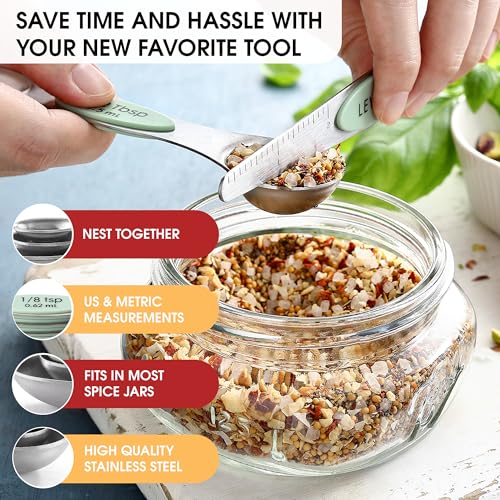 Spring Chef Stainless Steel Magnetic Measuring Spoons Set of 8 with Leveler, Dual Sided Teaspoon & Tablespoon Set, Nesting Metal Kitchen Gadgets for Baking & Cooking, Fits in Spice Jars - Pistachio - color: Pistachio, size: 1-Pack