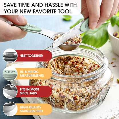Spring Chef Stainless Steel Magnetic Measuring Spoons Set of 8 with Leveler, Dual Sided Teaspoon & Tablespoon Set, Nesting Metal Kitchen Gadgets for Baking & Cooking, Fits in Spice Jars - Pistachio - color: Pistachio, size: 1-Pack