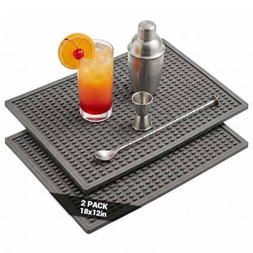 Rubber Bar Mat for Counter, Grey 2 Pack 12"x18" grip-friendly Coffee Bar Mat, Heat Resistant & Spill-proof Countertop Protector Mat for Kitchen, Home Bar, Coffee Station, Easy Clean Dish Drying Mat - color: Grey-BK-2Pcs, size: 18" x 12"