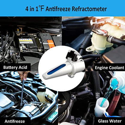 Antifreeze Refractometer in Fahrenheit 4 in 1 Antifreeze Tester Coolant Refractometer Ethylene Propylene Glycol Refractometer for Antifreeze System Diesel Exhaust Fluid, Battery Acid - color: 4-in-1 ℉ Antifreeze Refractometer