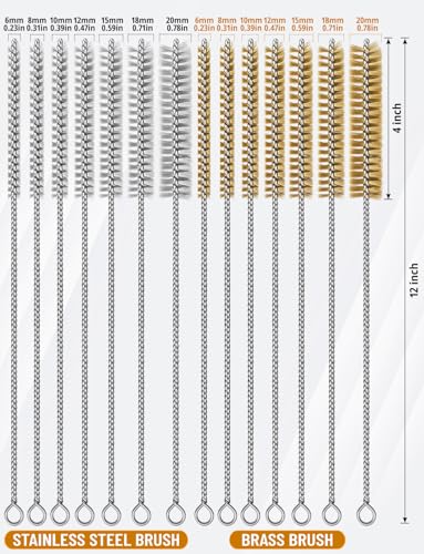 14pcs Stainless Steel & Brass Wire Brush, 12 inch Pipe Tube Cleaner Brush, Bore Brushes Metal Bristle Cleaning for Tubes, Cylinders, Bottle, Auto Parts (6mm/8mm/10mm/12mm/15mm/18mm/20mm) - style: WireBrush14PCS