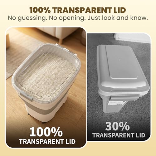 HOYTAMDAR 20-50Lbs Rice Container,Collapsible Food Storage Containers with Airtight Clear Lid,Wheels,Rice Storage Container with Small Bin and Scoop,Rice Dispenser for Flour Sugar Cereal Grain Dog Cat - color: Grey/20-50lbs