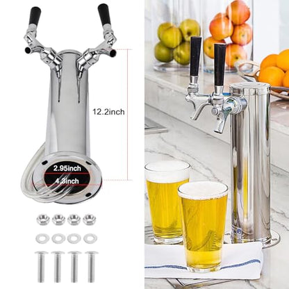 Dual Beer Tower Dispenser - Double Tap Kegerator Tower Draft Beer Tower Dispenser Pre-installed 5ft Beer Line Stainless Steel Core Faucet Double Keg Tap Beer Tower for 3" Kegerator Tower - size: Dual Tap Beer Tower