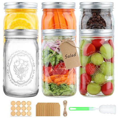 Wide Mouth Mason Jars 32 oz, 6 Pack Quart Canning Jars with Airtight Lids and Bands, Clear Glass Mason Jars for Canning, Pickling, Preserving, Meal Prep - size: 32oz - 6 Pack