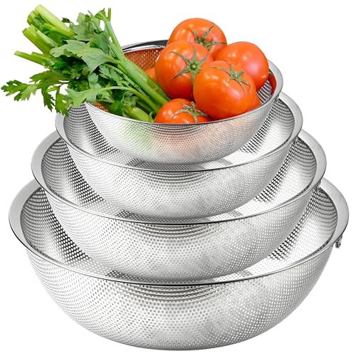 Premium 18/8 304 Stainless Steel Micro-Perforated Small and Big Colander Set of 4 with rings - 3.5-5.5-7.5-9.5 Quart Set, Self-Draining Solid Base for Pasta, Fruits, Vegetables - size: 3.5+5.5+7.5+9.5QT Colander