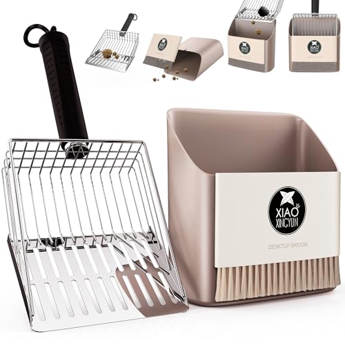 Cat Litter Scooper with Holder, Metal Litter Scoop Includes Portable Small Broom and Dustpan Set, Heavy Duty Stainless Steel Litter Scoop with Coarse and Fine Grid, Quick Sift and Easy Clean - color: Grey