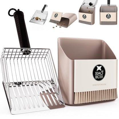 Cat Litter Scooper with Holder, Metal Litter Scoop Includes Portable Small Broom and Dustpan Set, Heavy Duty Stainless Steel Litter Scoop with Coarse and Fine Grid, Quick Sift and Easy Clean - color: Grey
