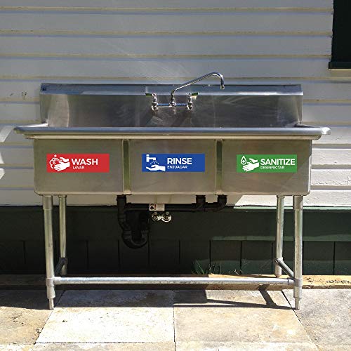 Wash, Rinse, Sanitize Labels for 3 Compartment Sink, 2.75″ x 9″ Perfect Sticker Signs for Restaurants, Commercial Kitchens, Food Trucks, Bussing Stations, Dishwashing or Wash Station (1 Pack)