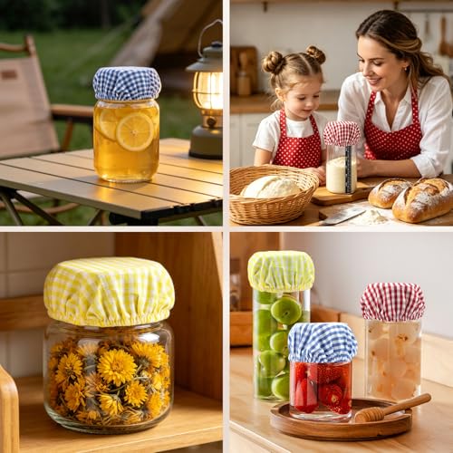 5-Pack Sourdough Starter Jar Covers Kit, 3 Colorful Linen Cloth + Dough Scraper + Temperature Strip, Unbleached Reusable Fermentation Cover for 3‑4 Inch Mason Jars, Sourdough Bread Baking Supplies