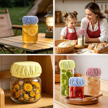 5-Pack Sourdough Starter Jar Covers Kit, 3 Colorful Linen Cloth + Dough Scraper + Temperature Strip, Unbleached Reusable Fermentation Cover for 3‑4 Inch Mason Jars, Sourdough Bread Baking Supplies