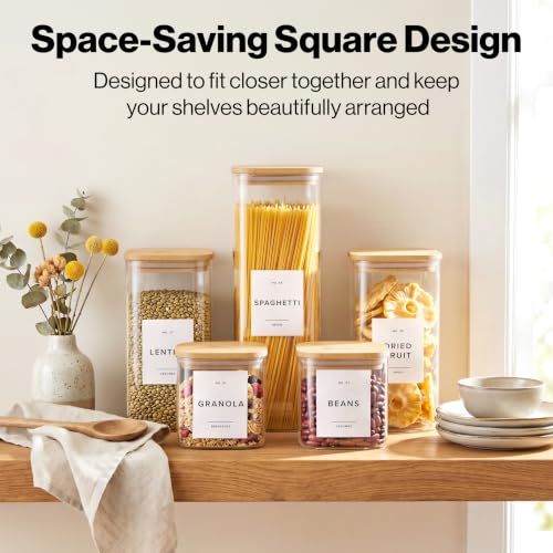 EDELHAUS Glass Storage Containers with Bamboo Lids and Labels - Set of 5 | Extra Thick Square Glass Canisters with Bamboo Wood Lids and 54 Pre-printed Pantry Labels keeps dry Goods Fresh and Organized - color: White Labels - Bamboo Lids - 5 Pack
