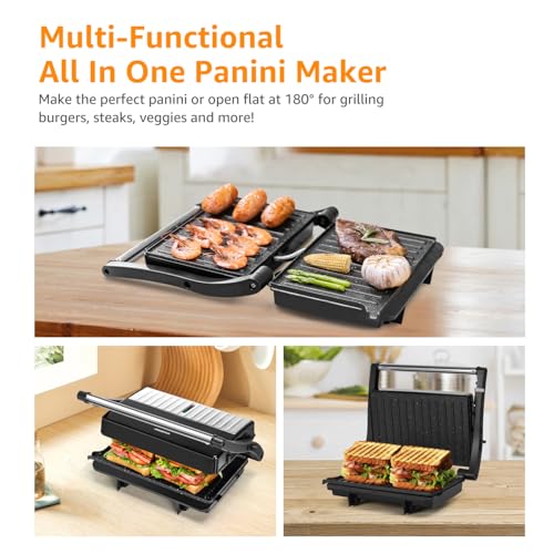 Panini Press Grill, Aigostar 1000W Sandwich Maker with Ceramic Non-stick Plates, Opens 180 Degrees for Any Size Food, 3-in-1 Sandwich Press Electric Grill, Drip Spout & Locking Lid, Sliver - color: Black