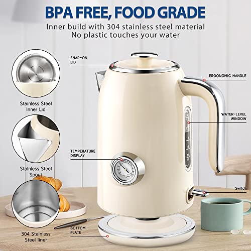 PUKOMC Electric Kettle,1.7L Stainless Steel Electric tea kettle | Temperature Gauge, Fast Boiling, Auto Shut - off, BPA - Free, Boil - Dry Protection 1500W,LED Light,Easy clean - color: Beige