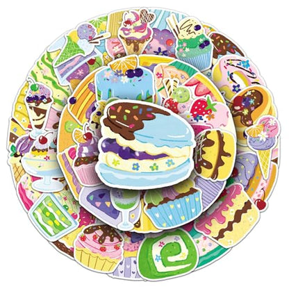50PCS Cute Dessert Candy Stickers Cakes and Desserts Children and Teenagers Notebook Water Bottle Skateboard Luggage Helmet Diary Waterproof Vinyl Aesthetic Party Rewards Stickers (Colourful) - color: Colourful