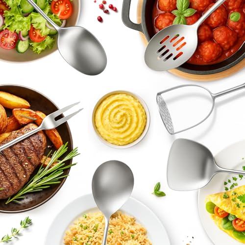 Newness 12 Pcs Cooking Utensils Set, 304 Stainless Steel Kitchen Utensils Set, Metal Kitchen Accessories, Include Soup Ladle, Slotted Skimmer Spoon, Spaghetti Spoon and Spatula, Dishwasher Safe - size: 12 PCS Cooking Utensils Set