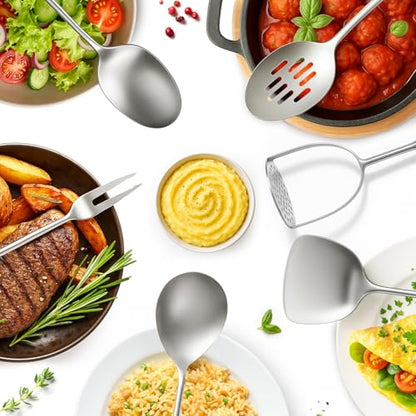 Newness 12 Pcs Cooking Utensils Set, 304 Stainless Steel Kitchen Utensils Set, Metal Kitchen Accessories, Include Soup Ladle, Slotted Skimmer Spoon, Spaghetti Spoon and Spatula, Dishwasher Safe - size: 12 PCS Cooking Utensils Set