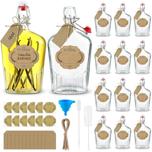 12 Sets 16 Oz Swing Top Glass Vanilla Extract Bottles with Cap Label Gift Tag Funnel Dropper Brush Homemade Vanilla Extract Glass Flask Bottles for Liquor Christmas Gift Giving Juice Storage - size: 16 Ounces
