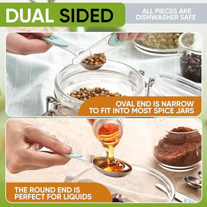 Spring Chef Magnetic Measuring Cups & Spoons Set, Patented, Strong N45 Magnets, Heavy Duty Stainless Steel Fits in Spice Jars for Baking & Cooking, BPA Free, Round Set of 15 with Leveler, Mint - color: Mint, size: Set of 15