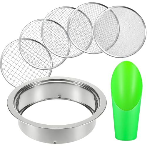 Soil Sieve Set Stainless Steel Garden Soil Sifter, Compost Mesh Sifter with 5 Interchangeable Mesh 1/3/6/9/12mm and Soil Scoops for Sand, Bonsai Soil, Rock, Filtration